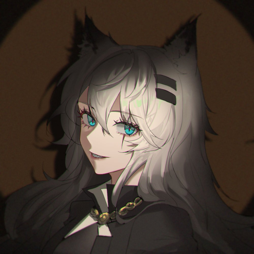 1girl, animal_ears, aqua_eyes, arknights, atpcatpcxc, black_jacket, brown_background, chinese_commentary, chromatic_aberration, commentary, grey_hair, hair_between_eyes, hair_ornament, hairclip, jacket, lappland_(arknights), lappland_(refined_horrormare)_(arknights), long_hair, looking_at_viewer, official_alternate_costume, scar, scar_across_eye, shadow, sharp_teeth, solo, teeth, upper_body, wolf_ears, wolf_girl