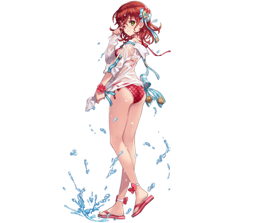 1girl, ascalon_(phantom_of_the_kill), da-kuro, flower, from_behind, full_body, green_eyes, highres, looking_at_viewer, no_socks, one_eye_closed, phantom_of_the_kill, redhead, ribbon, rose, sandals, solo, standing, swimsuit, water
