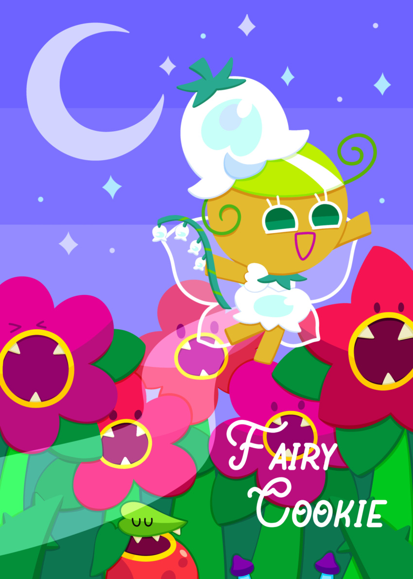 1girl, :d, barefoot, character_name, cookie_run, cookie_run:_ovenbreak, crescent_moon, dress