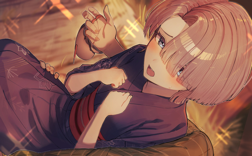 1boy, 1girl, absurdres, arimura_mao, asymmetrical_bangs, blue_kimono, blush, carrying