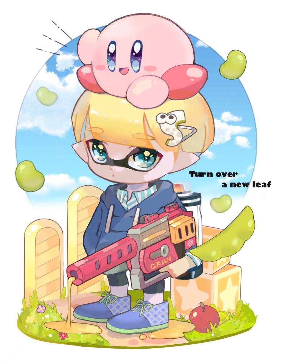 1boy, apple, beans, blonde_hair, blue_eyes, blue_hoodie, colored_skin, commentary_request