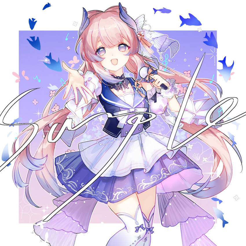 1girl, adapted_costume, blue_dress, blue_horns, blue_vest, blunt_bangs, bow, bow-shaped_hair