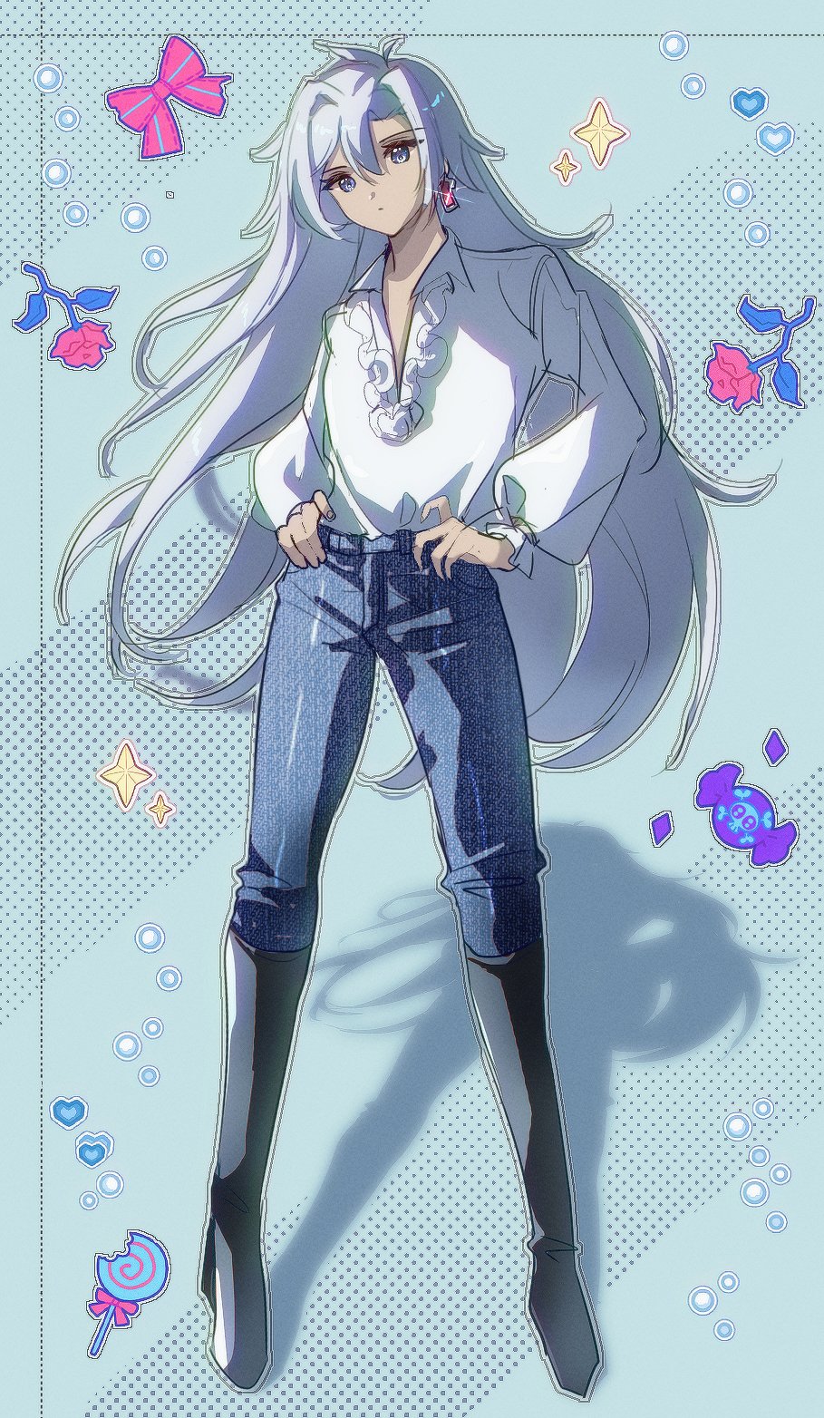 1girl, a_(xenoblade), black_footwear, blue_background, blue_pants, boots, bow, bubble