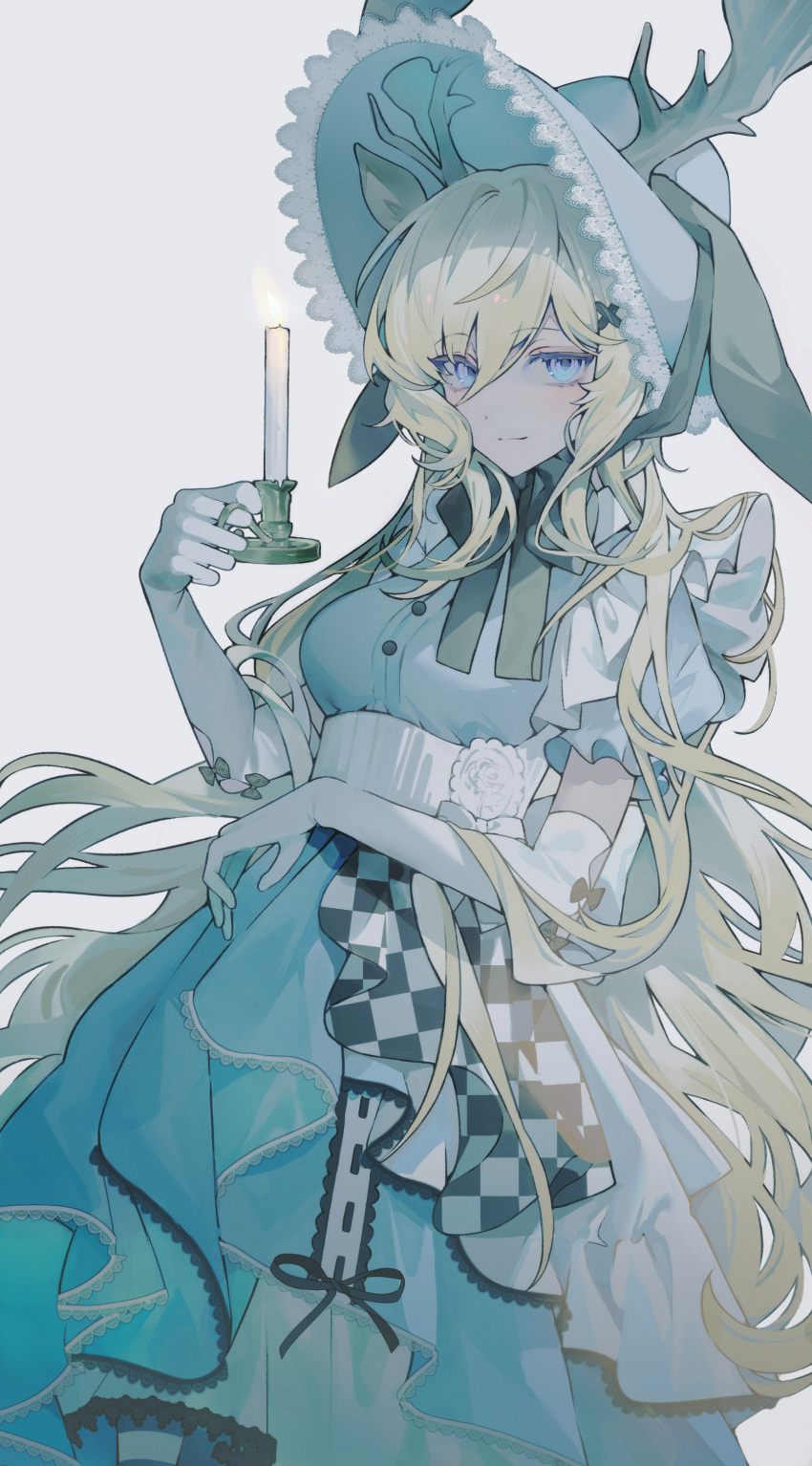 1girl, absurdres, alternate_costume, animal_ears, antlers, antlers_through_headwear, arknights, blonde_hair, blue_bonnet, blue_dress, blue_eyes, bonnet, candle, candlestand, chise_(cym23730), commentary, cowboy_shot, deer_ears, dress, elbow_gloves, gloves, highres, holding, holding_candle, horns, long_hair, looking_at_viewer, puffy_short_sleeves, puffy_sleeves, short_sleeves, simple_background, smile, solo, very_long_hair, viviana_(arknights), wavy_hair, white_background, white_gloves
