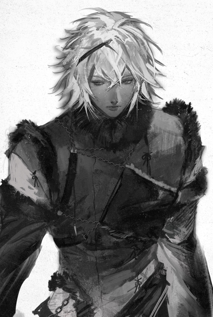1boy, absurdres, coat, commentary, enxy, fur-trimmed_coat, fur_trim, greyscale, highres, male_focus, monochrome, nier, nier_(brother), nier_(series), short_hair, simple_background, solo, white_background, white_hair