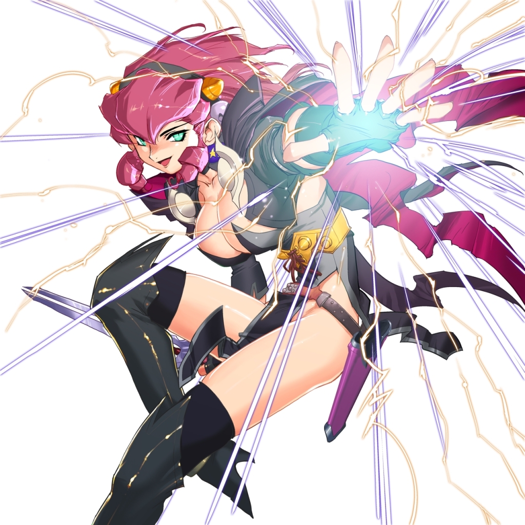 breasts, doora, fingerless_gloves, gloves, green_eyes, kajiyama_hiroshi, queen's_blade, queen's_blade_spiral_chaos, red_hair, redhead, simple_background, solo, thigh-highs, thigh_boots, thighhighs