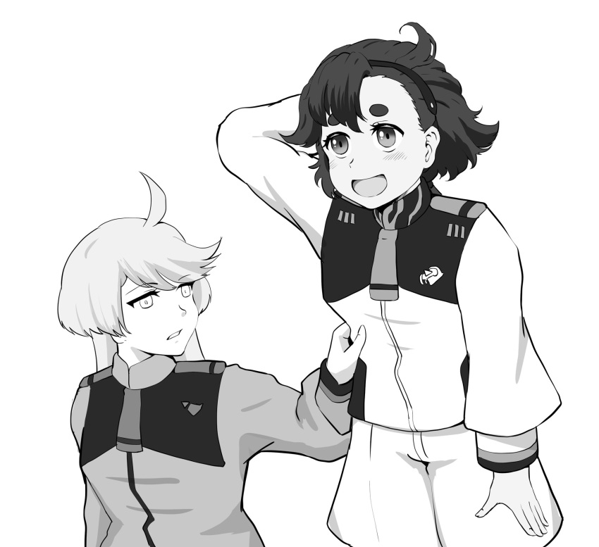 2girls, :d, ahoge, greyscale, gundam, gundam_suisei_no_majo, highres, it's_not_you_sit_down