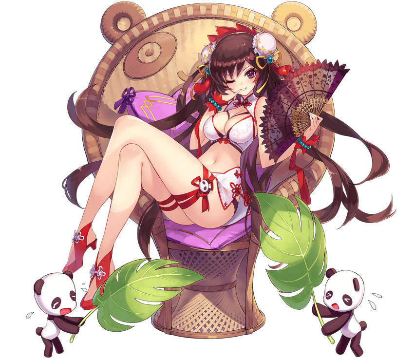 1girl, bashosen, brown_hair, cushion, folding_fan, full_body, hand_fan, highres