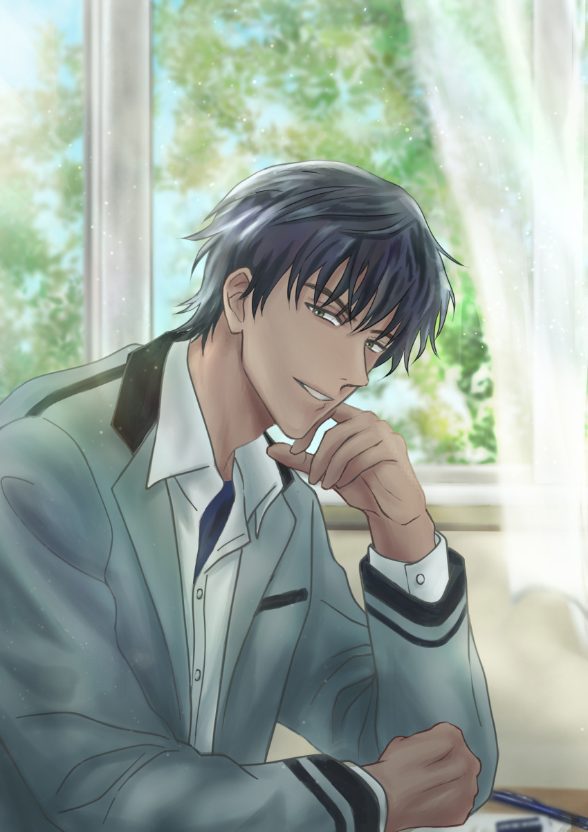 1boy, black_hair, blurry, blurry_background, curtains, dark-skinned_male, dark_skin, day