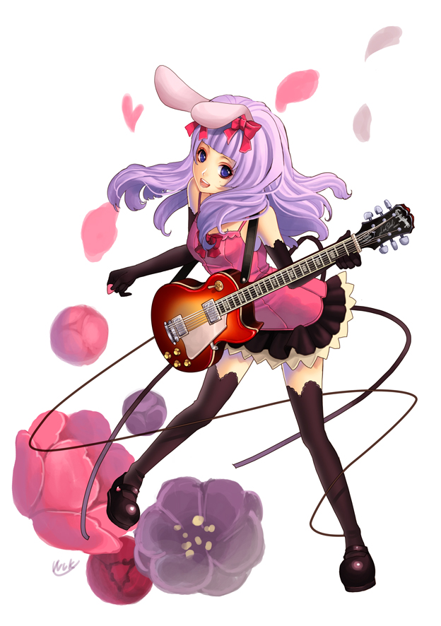 bow, bunny_ears, dress, elbow_gloves, flower, gloves, guitar, hair_bow, instrument, legs, original, solo, tamarashi, thigh-highs, thighhighs