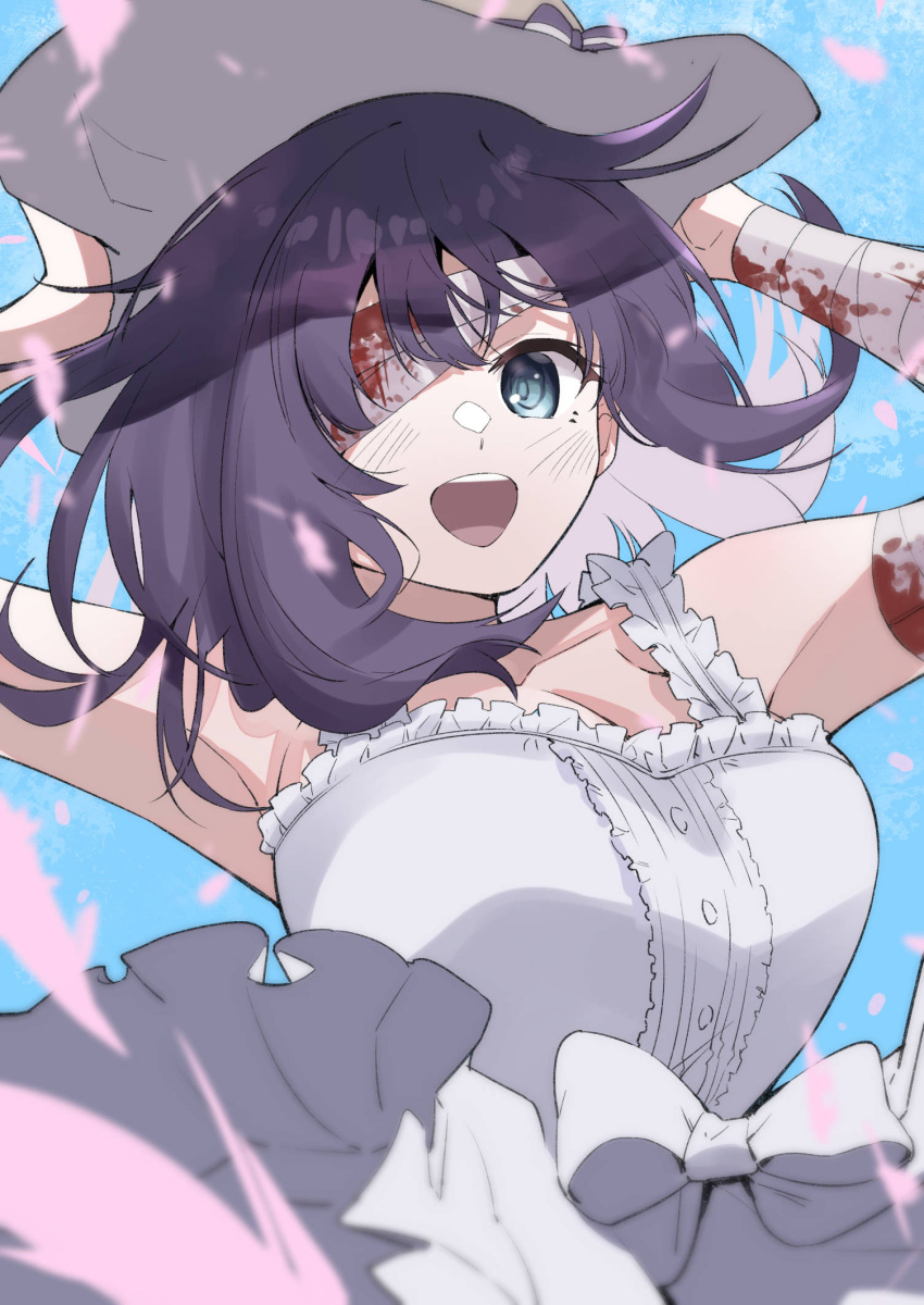 1girl, bandage_on_thigh, bandage_over_one_eye, bandaged_arm, bandages, blood, blood_on_bandages, brown_hat