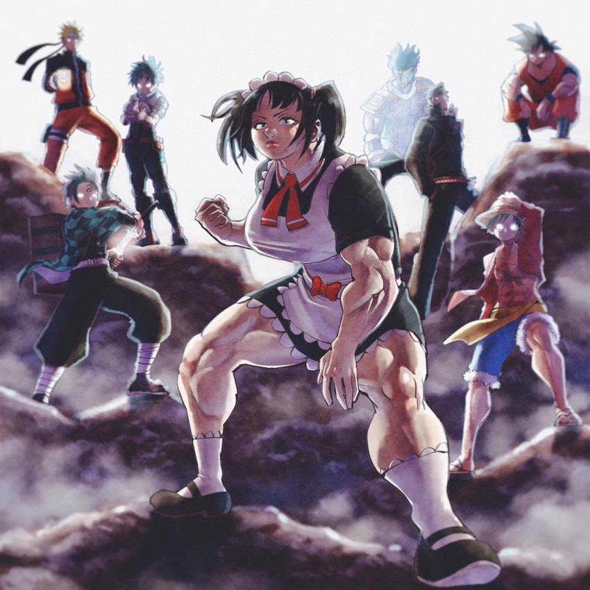 1girl, 6+boys, black_hair, blonde_hair, boku_no_hero_academia, boku_to_roboco, clenched_hand, drawing_sword