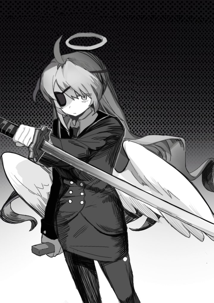 1girl, ahoge, angel, angel_wings, black_background, black_dress, buttons, collared_shirt