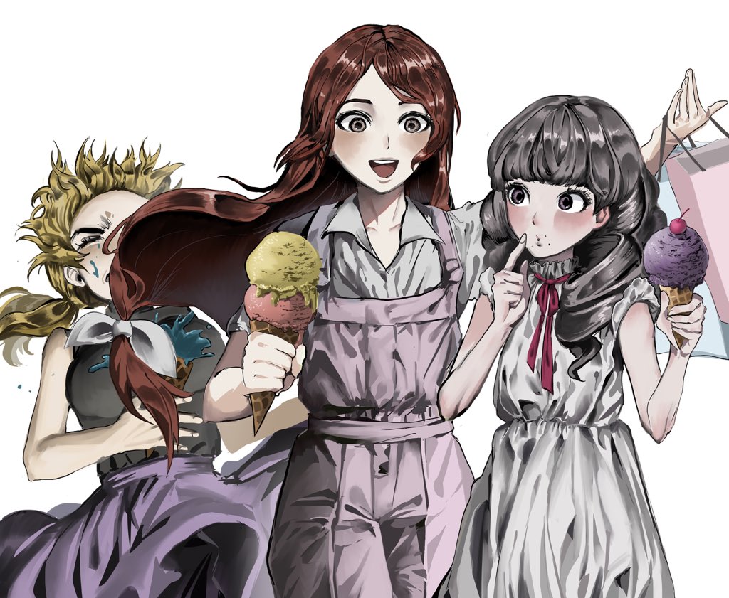 3girls, abella_(fear_&amp;_hunger), accident, alternate_costume, bag, bare_shoulders, black_shirt, blonde_hair, blush, breasts, brown_hair, brown_overalls, cherry, chira_fh, closed_eyes, collared_shirt, commentary, cowboy_shot, double_scoop, dress, fear_&amp;_hunger, fear_&amp;_hunger_2:_termina, finger_to_mouth, flat_chest, food, fruit, grey_hair, holding, holding_bag, holding_food, holding_ice_cream, holding_ice_cream_cone, ice_cream, ice_cream_cone, karin_(fear_&amp;_hunger), large_breasts, long_hair, looking_at_another, marina_(fear_&amp;_hunger), multiple_girls, neck_ribbon, no_jacket, official_alternate_costume, open_mouth, overalls, ponytail, purple_skirt, red_ribbon, redhead, ribbon, shirt, shirt_tucked_in, simple_background, single_scoop, skirt, sleeveless, sleeveless_shirt, smile, symbol-only_commentary, teeth, upper_teeth_only, very_long_hair, white_background, white_dress, white_shirt