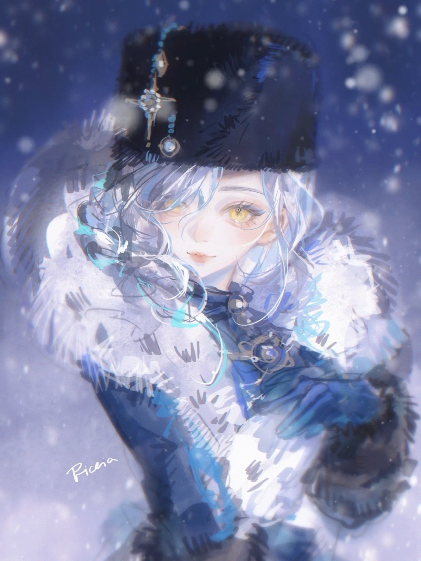 1girl, black_hat, blue_background, blue_dress, blue_gloves, dress, eternity_(reverse:1999), eyes_visible_through_hair