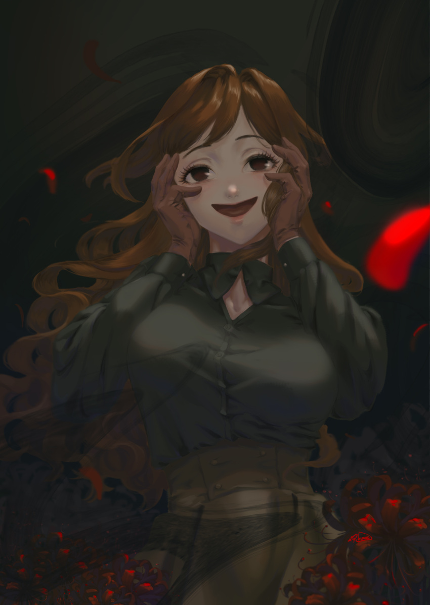 1girl, breasts, brown_eyes, brown_gloves, brown_hair, dark_gathering, flower, gloves, hands_on_own_face, highres, houzuki_eiko, kuuepo, open_mouth, red_flower, shirt, skirt, smile, solo