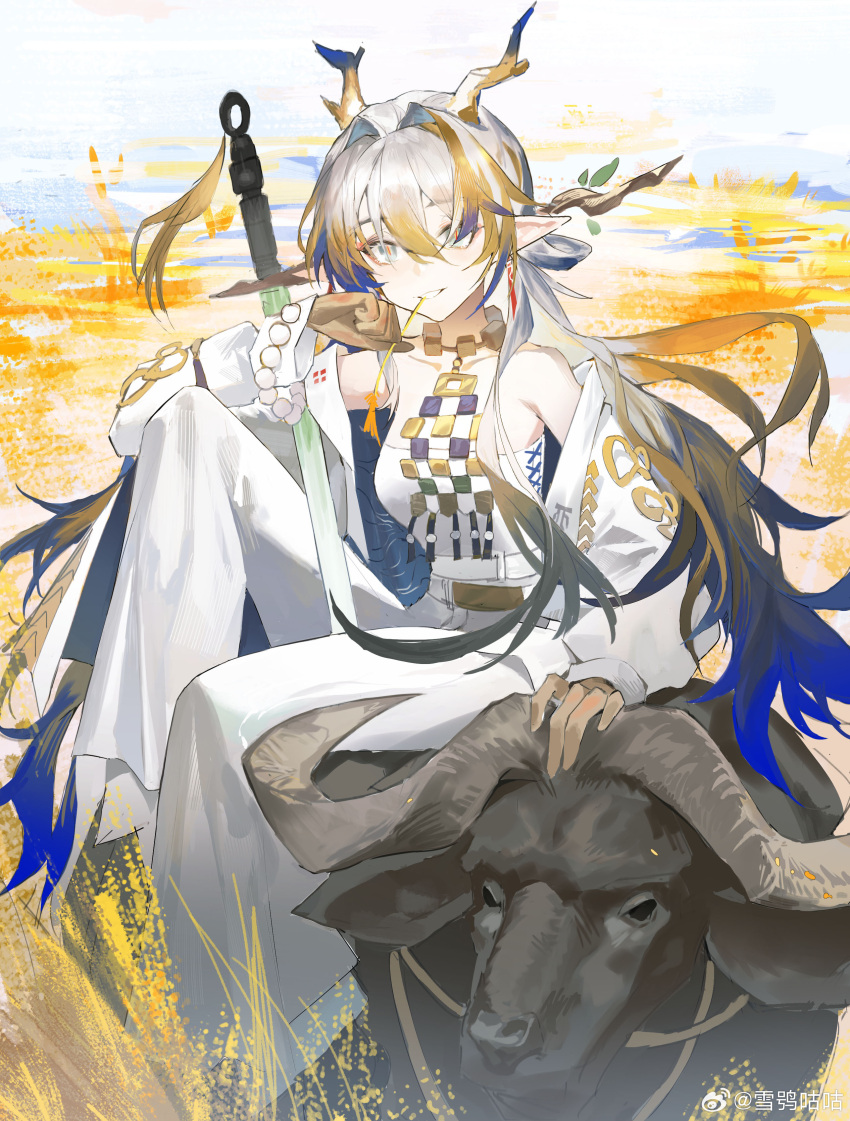 1girl, absurdres, arknights, bare_shoulders, blonde_hair, blue_hair, dabaijiang_memeda, dragon_girl