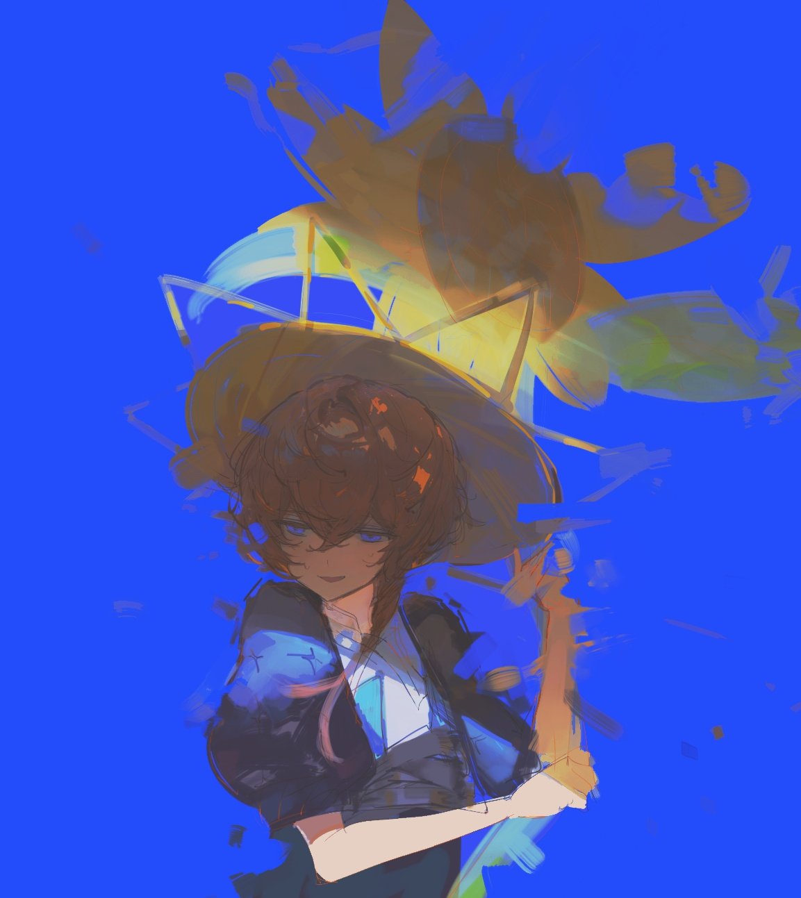 1girl, 9472, blue_background, braid, brown_hair, brush_stroke, commentary_request, dissolving