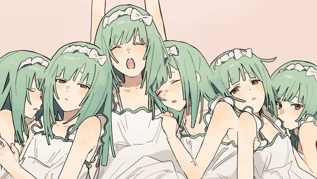 6+girls, arms_up, brown_eyes, closed_eyes, closed_mouth, collarbone, dress, expressionless