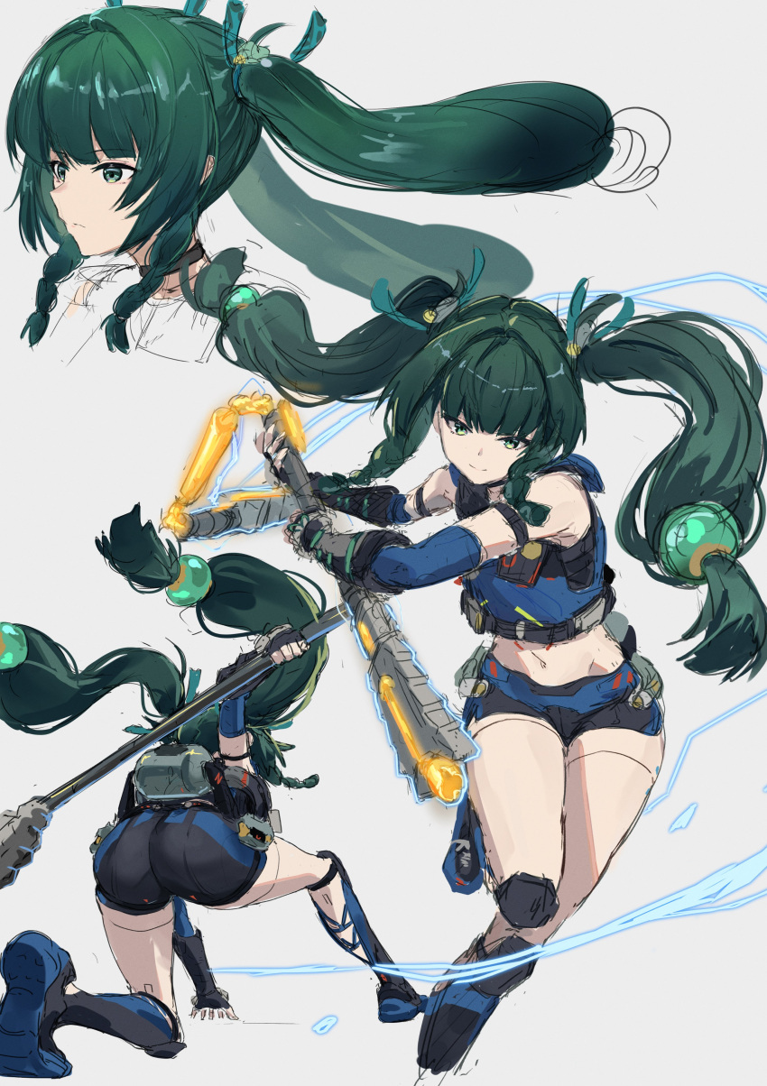 1girl, absurdres, android, battery, braid, braided_sidelock, green_eyes, green_hair