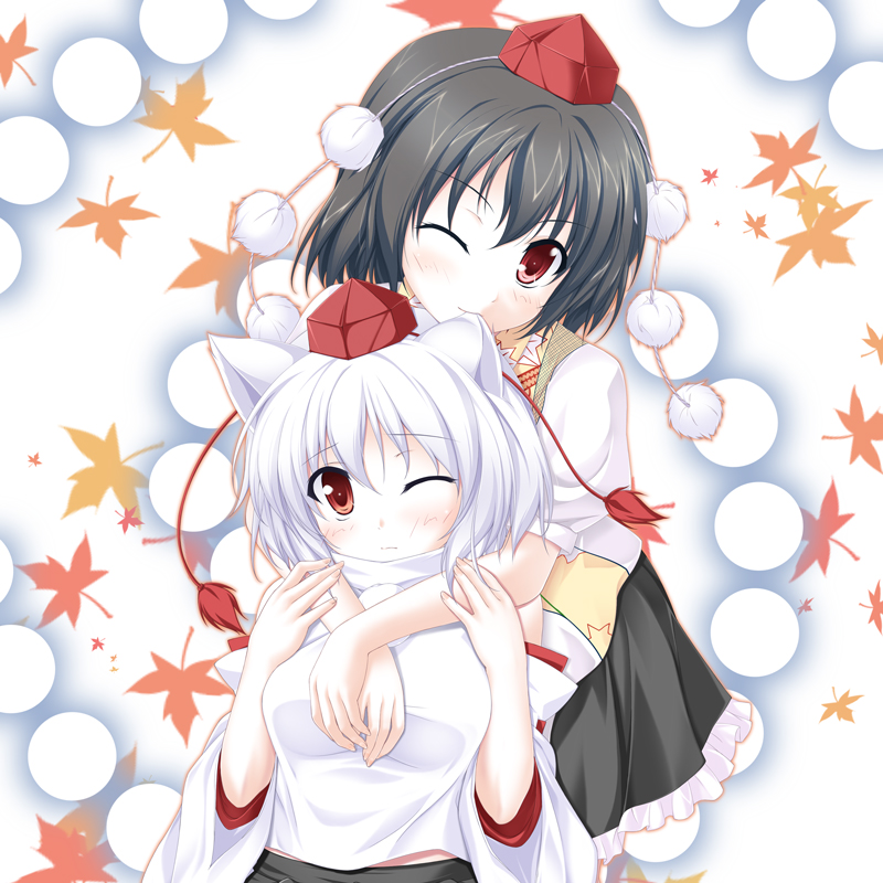 amicis, animal_ears, biting, black_hair, detached_sleeves, ear_biting, hat, hug
