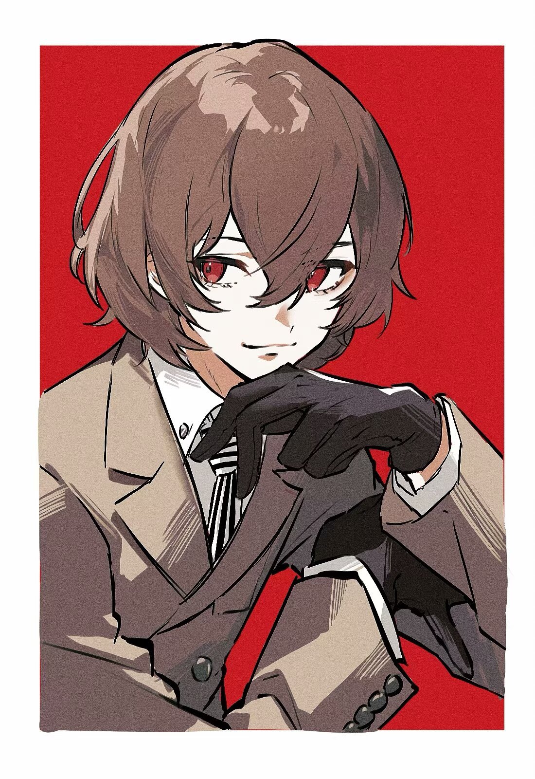 1boy, akechi_gorou, black_gloves, border, brown_hair, brown_suit, collared_shirt, formal