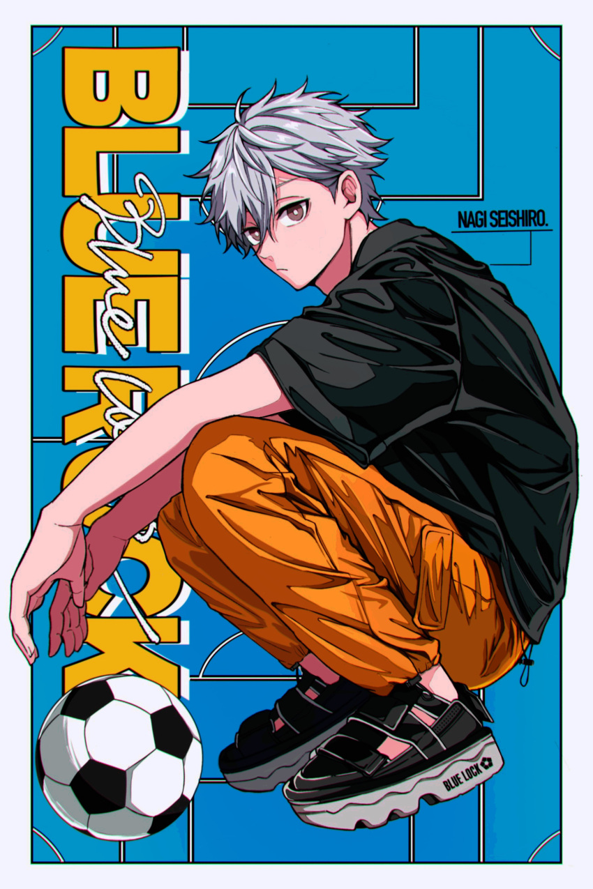 1boy, :/, absurdres, ball, blue_background, blue_lock, bright_pupils, brown_eyes