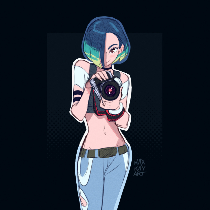 1girl, armband, artist_name, bare_shoulders, black_armband, black_background, black_choker, blue_hair, blush, bob_cut, breasts, brown_eyes, camera, choker, collarbone, crop_top, denim, english_commentary, gradient_hair, grey_shirt, highres, holding, holding_camera, jeans, loose_hair_strand, max_kay, midriff, multicolored_hair, off-shoulder_shirt, off_shoulder, pants, perrin_(pokemon), photographer, pokemon, pokemon_sv, ribbed_shirt, shirt, short_hair, sleeveless, sleeveless_shirt, undershirt, v-neck, watch, watch