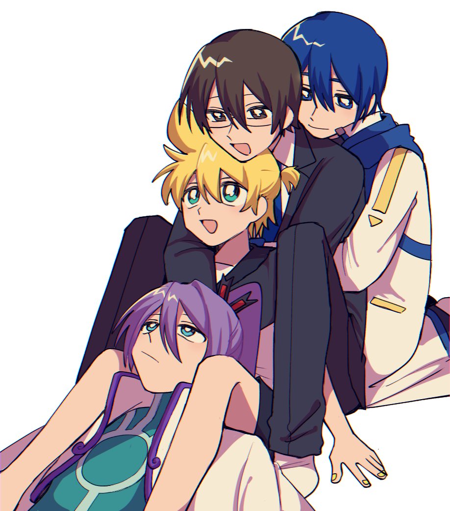 4boys, :/, aqua_eyes, arm_rest, arms_around_neck, arms_around_waist, arms_at_sides, bare_legs