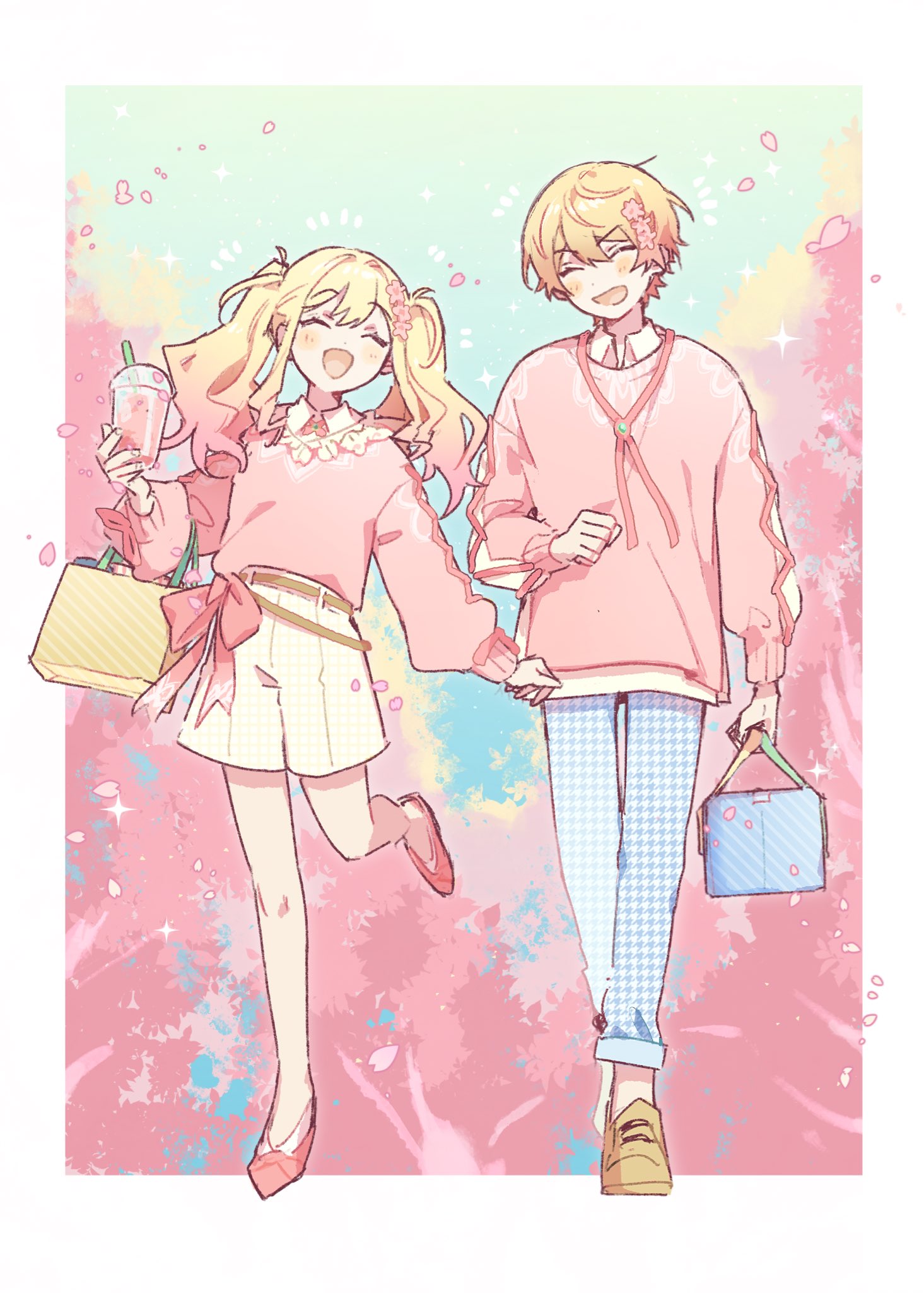 +++, 1boy, 1girl, arms_at_sides, bag, bare_legs, belt, blonde_hair