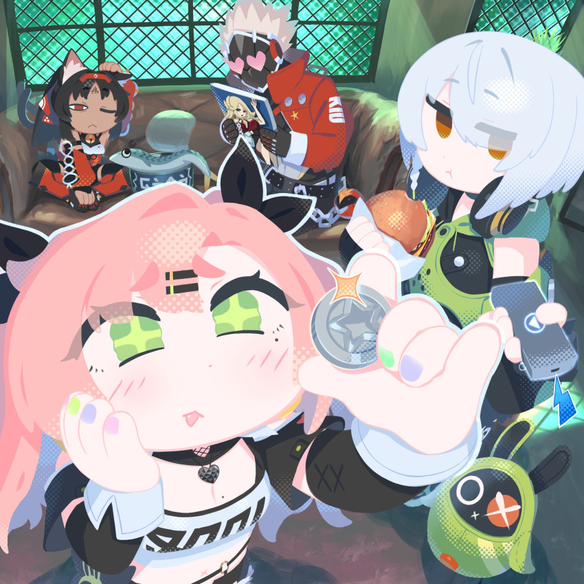 +_+, 1boy, 3girls, :<, :t, anby_demara, animal_ears, arm_up, bangboo_(zenless_zone_zero), belt, billy_kid, black_hair, burger, cat_ears, cat_girl, cat_tail, chibi, chibi_only, closed_mouth, coin, couch, dark-skinned_female, dark_skin, detached_sleeves, eating, eyes_visible_through_hair, fingerless_gloves, fingernails, fisheye, food, food_wrapper, gloves, green_eyes, hand_on_own_cheek, hand_on_own_face, headphones, headphones_around_neck, heart, heart-shaped_eyes, highres, holding, holding_burger, holding_coin, holding_food, humanoid_robot, indoors, jacket, jitome, long_hair, long_sleeves, looking_at_another, looking_at_object, medium_bangs, mole, mole_under_eye, multiple_girls, nail_polish, nekomiya_mana, nicole_demara, on_couch, one_eye_closed, open_clothes, open_jacket, orange_eyes, pants, parted_bangs, parted_lips, pink_eyes, pink_hair, poko_(poco_hoshi_3), red_eyes, robot, shirt, short_hair, sitting, tail, zenless_zone_zero