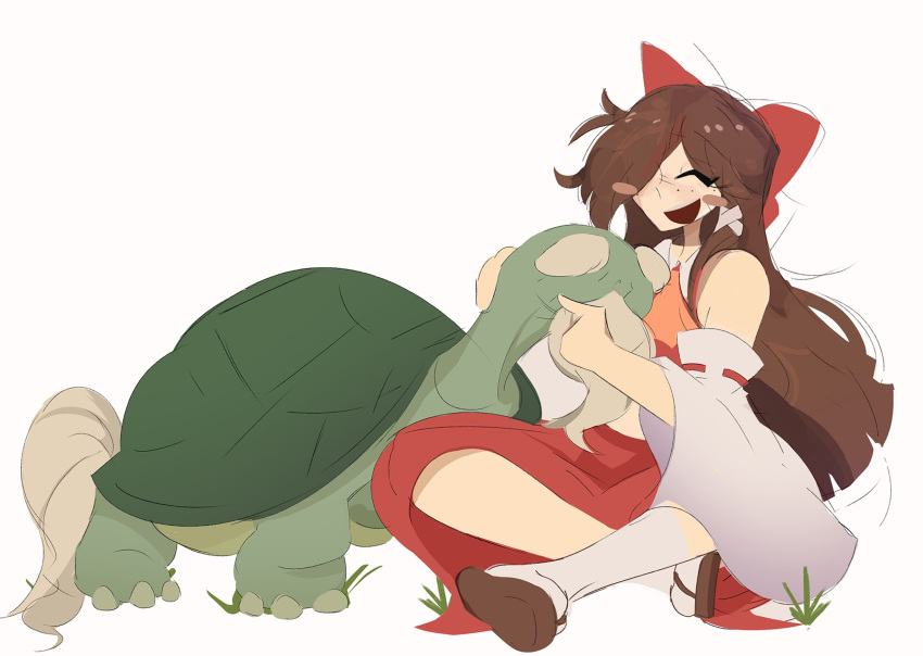 1girl, :d, ascot, beard, blush_stickers, bow, brown_footwear, brown_hair