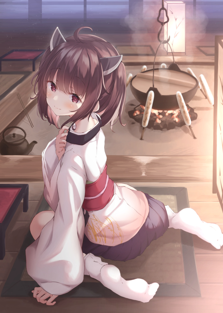 1girl, absurdres, ahoge, andon_(lighting), blue_skirt, brown_hair, chabudai_(table), closed_mouth