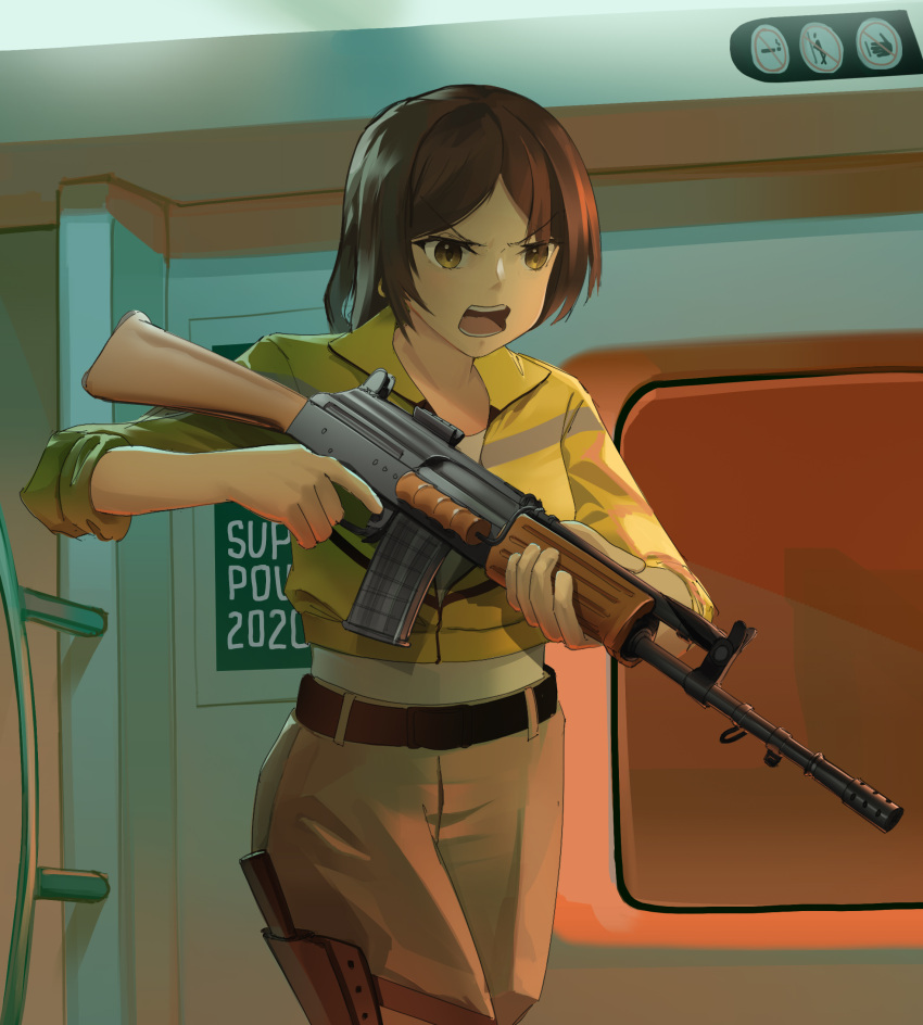 1girl, absurdres, assault_rifle, brown_eyes, brown_hair, gewehrbroker, girls_frontline, gun