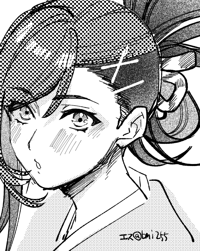 1boy, asymmetrical_bangs, esu_(b_r9), fire_emblem, fire_emblem_engage, folded_ponytail, greyscale, hair_ornament