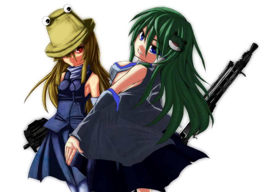 5.7x28mm, bare_shoulders, blonde_hair, blue_eyes, breasts, bullpup, detached_sleeves, doyouwantto, fabrique_nationale, green_hair, gun, hair_ornament, hat, kochiya_sanae, light_machine_gun, long_hair, machine_gun, mg42, moriya_suwako, multiple_girls, p90, red_eyes, rifle, sideboob, submachine_gun, touhou, weapon
