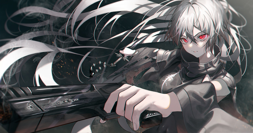 1girl, absurdres, asymmetrical_dual_wielding, black_shirt, breasts, closed_mouth, commentary, dagger