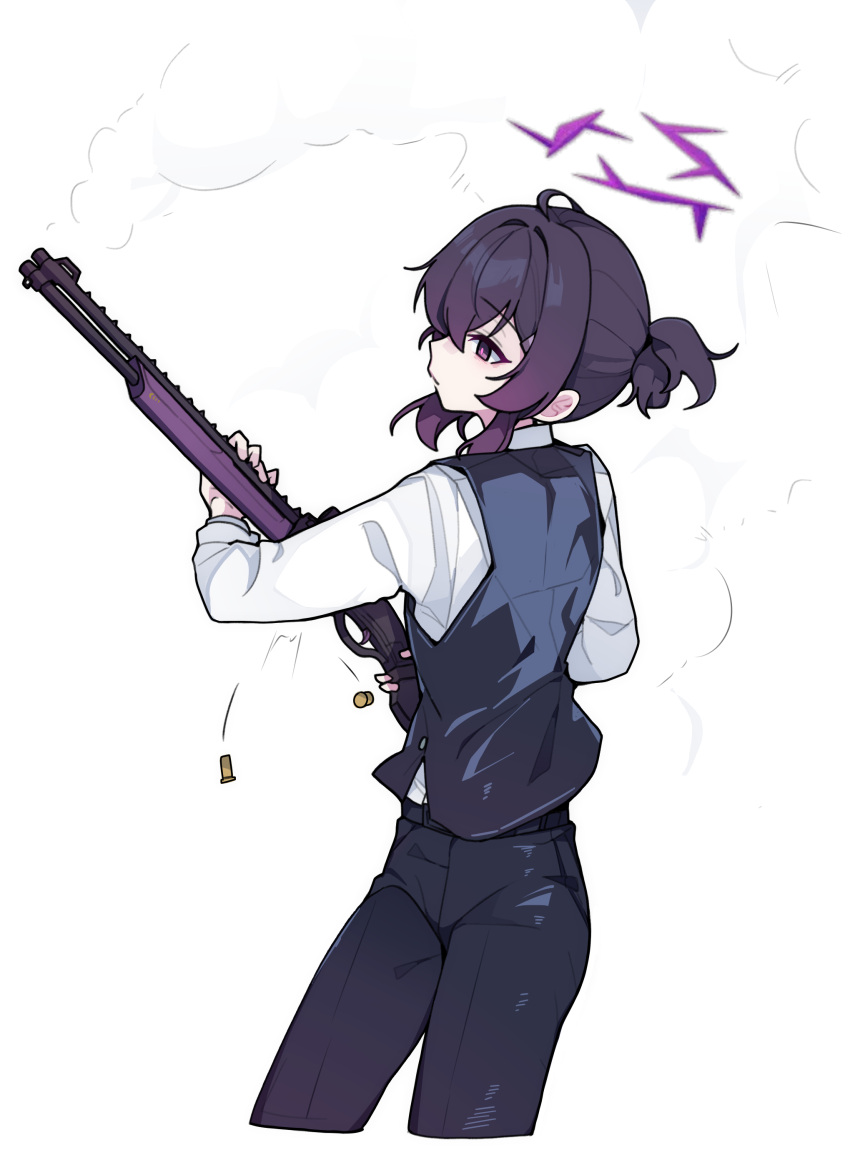 1girl, absurdres, black_pants, blue_archive, bullet, closed_mouth, fabarm_fp6, gun