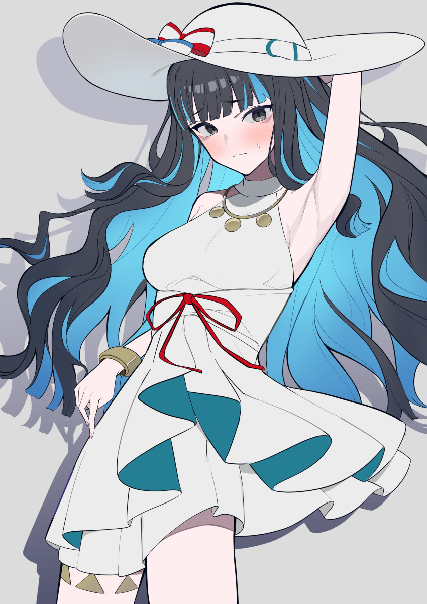 absurdres, armpits, black_hair, blue_hair, blush, bracelet, colored_inner_hair, dress