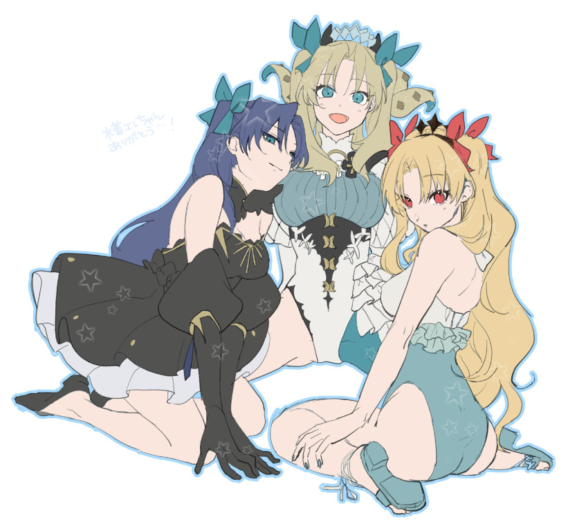 3girls, aqua_pantyhose, black_dress, black_tiara, blonde_hair, blue_eyes, blue_ribbon, dress