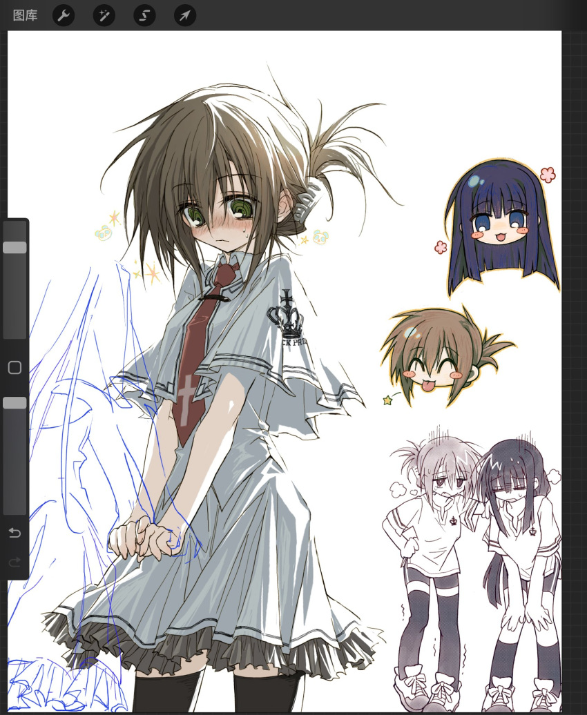 2girls, :3, :d, :p, ^_^, alternate_costume, art_tools_in_frame, backlighting