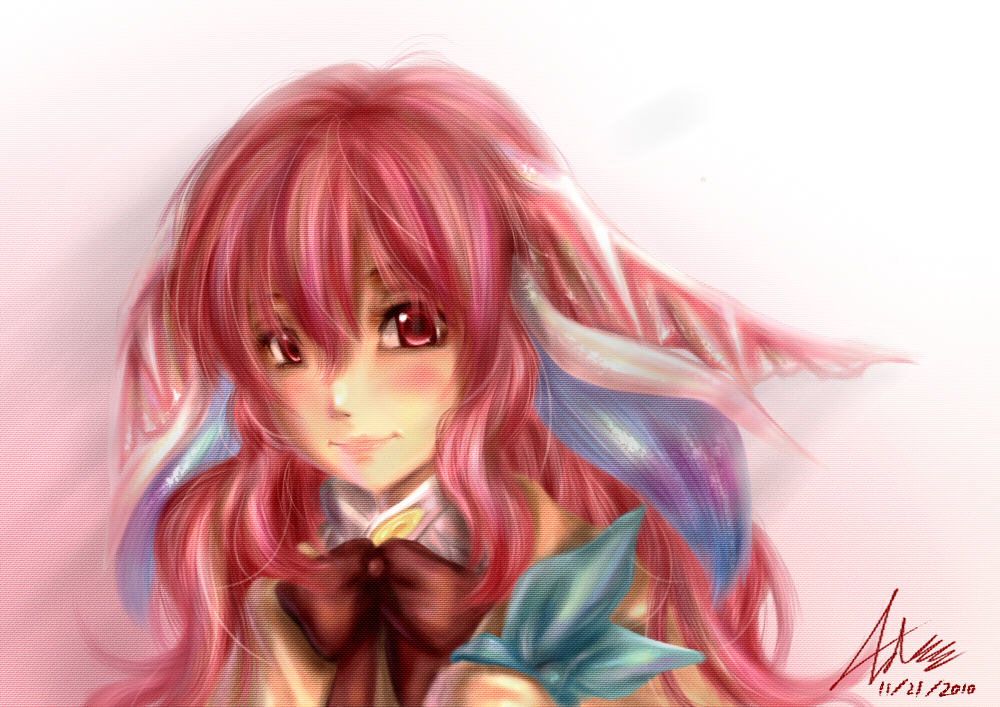 head_fins, long_hair, nawakakeru, persia_(rune_factory), pink_hair, realistic, red_eyes, ribbon, rune_factory, rune_factory_3
