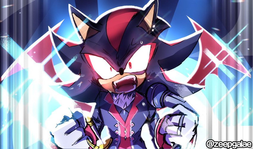 1boy, animal_ears, animal_nose, artist_name, black_coat, black_fur, black_hair, blue_background, body_fur, buttons, clenched_hands, coat, commentary_request, constricted_pupils, demon_wings, earrings, english_commentary, fangs, gloves, highres, holding, holding_microphone_stand, jewelry, korean_commentary, long_hair, long_sleeves, looking_at_viewer, male_focus, microphone, microphone_stand, mixed-language_commentary, multicolored_fur, multicolored_hair, multiple_earrings, multiple_rings, neck_fur, open_mouth, red_eyes, red_fur, red_wings, redhead, ring, shadow_the_hedgehog, shadow_the_hedgehog_(vampire), shouting, solo, sonic_(series), sparkle, spiky_hair, standing, streaked_hair, stud_earrings, teeth, tongue, twitter_username, two-tone_hair, upper_body, watermark, white_fur, white_gloves, wide-eyed, wings, zeepgalae