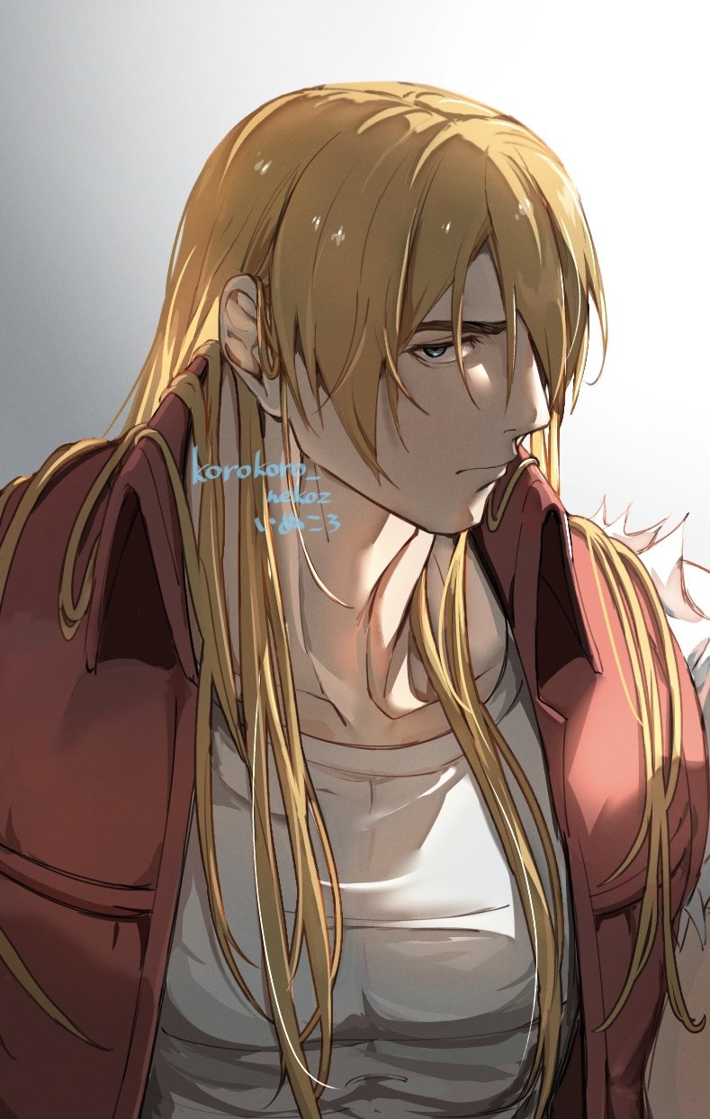 1boy, blonde_hair, blue_eyes, closed_mouth, collarbone, collared_jacket, commentary, fatal_fury