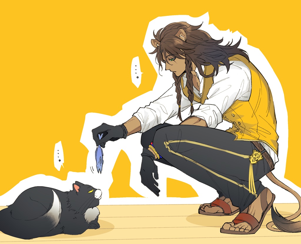 1boy, animal, animal_ears, black_gloves, braid, brown_hair, cat, dark-skinned_male