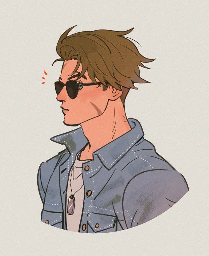 1boy, black-framed_eyewear, blonde_hair, blue_eyes, breast_pocket, closed_mouth, collared_jacket, commentary
