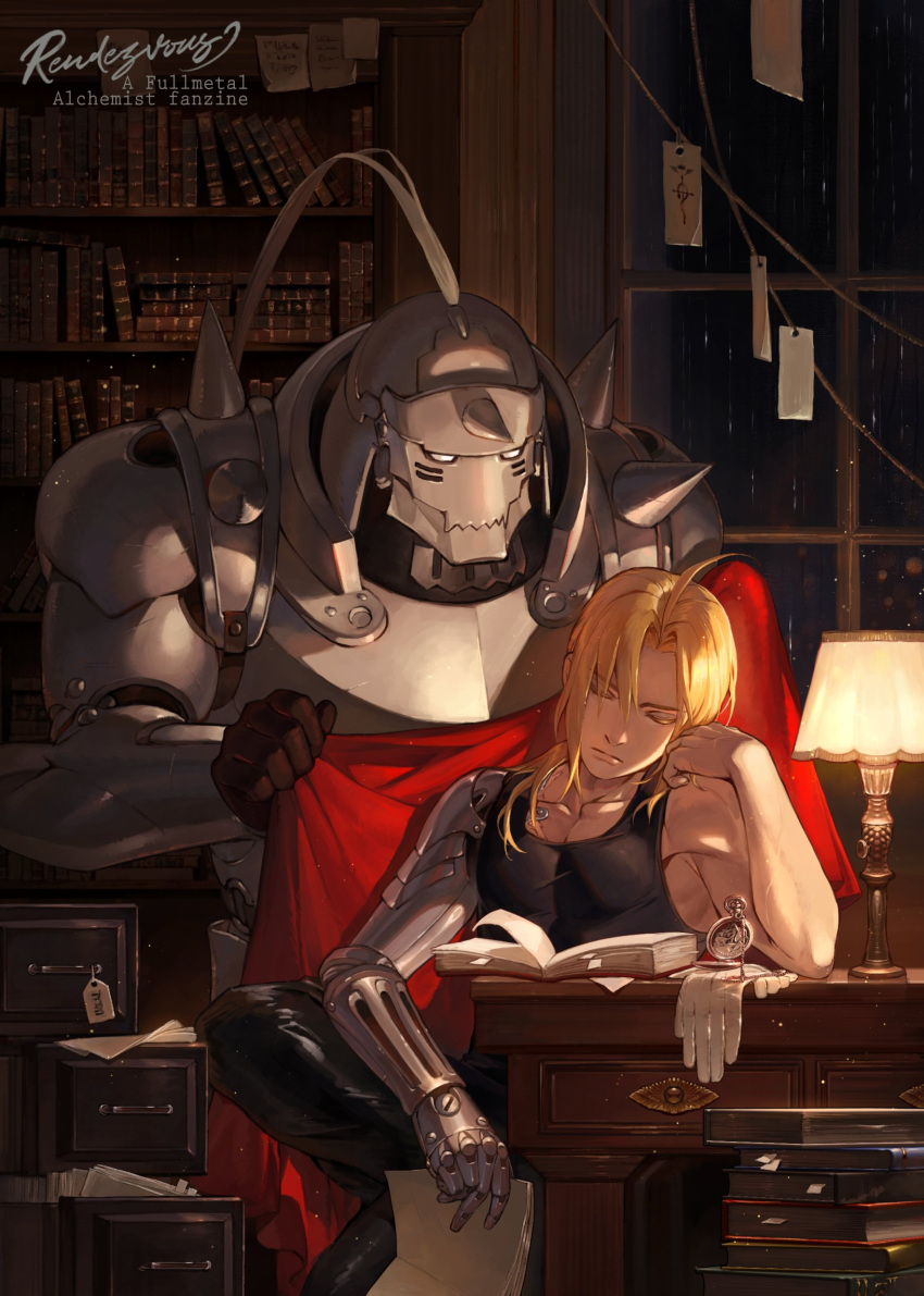 2boys, absurdres, ahoge, alphonse_elric, armor, automail, bare_shoulders, black_pants