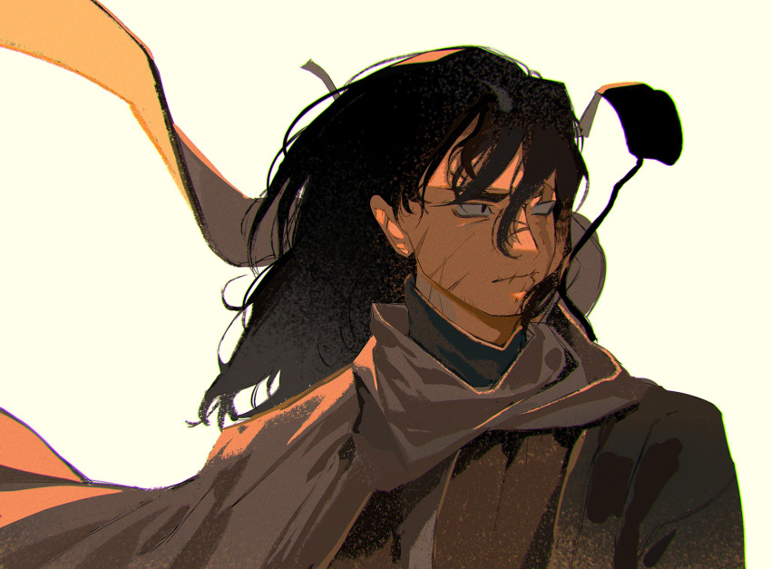 1boy, black_eyes, black_hair, brown_coat, brown_scarf, coat, eyepatch, heathcliff_(project_moon)