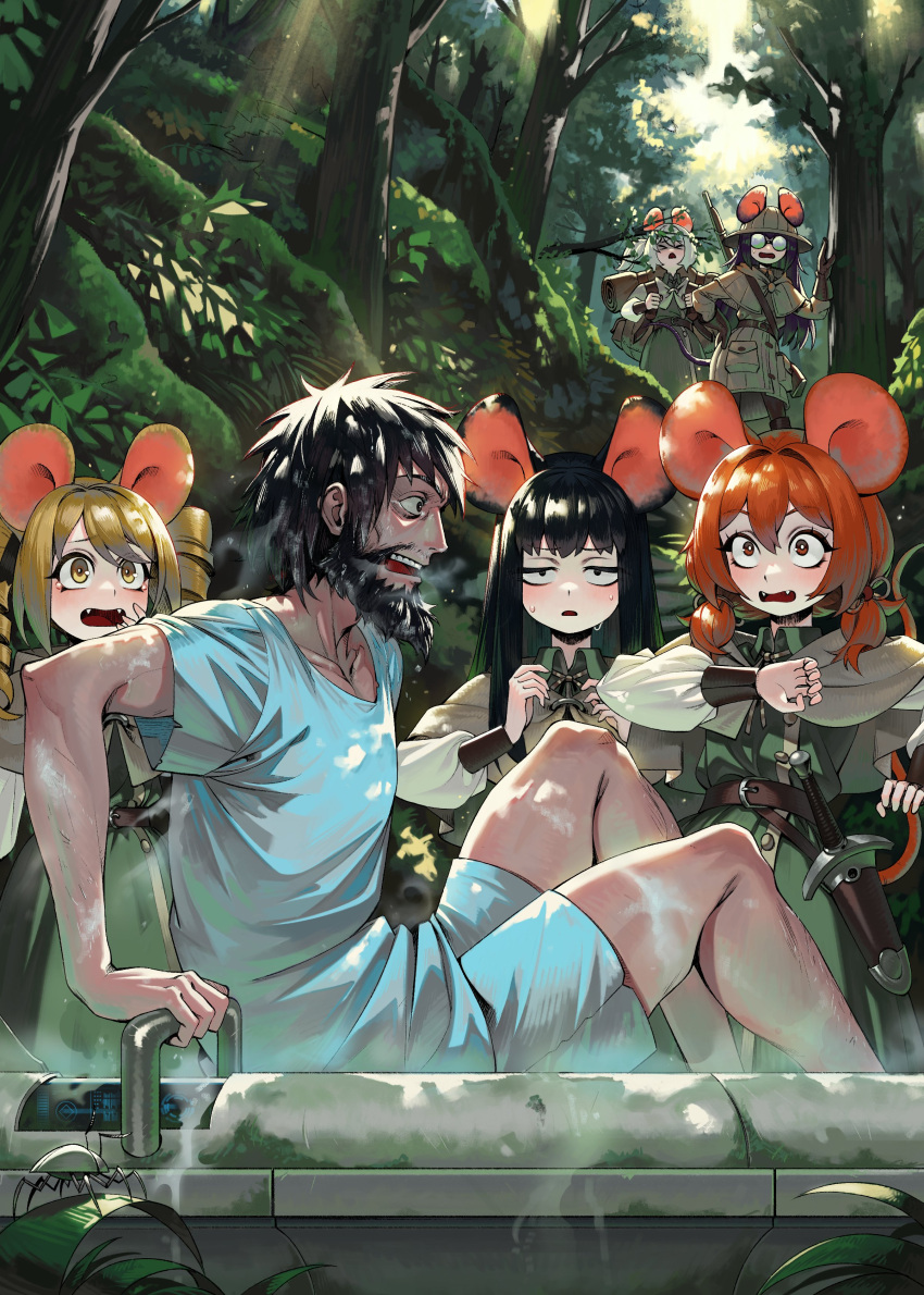 >_<, 1boy, 5girls, absurdres, animal_ears, backpack, bag, beard, bedroll, belt, black_eyes, black_hair, blonde_hair, brown_gloves, bug, bush, capelet, collared_shirt, commentary, cryogenic_pod, d:, dagger, drill_hair, english_commentary, facial_hair, gemi_ningen, glasses, gloves, green_shirt, gun, highres, hospital_gown, jungle, knife, knife_sheath, long_hair, mouse_ears, mouse_girl, mouse_tail, multiple_girls, nature, red_eyes, redhead, rifle, rimworld, sheath, shirt, short_twintails, sweatdrop, tail, tree, twintails, weapon, white_hair, yellow_eyes