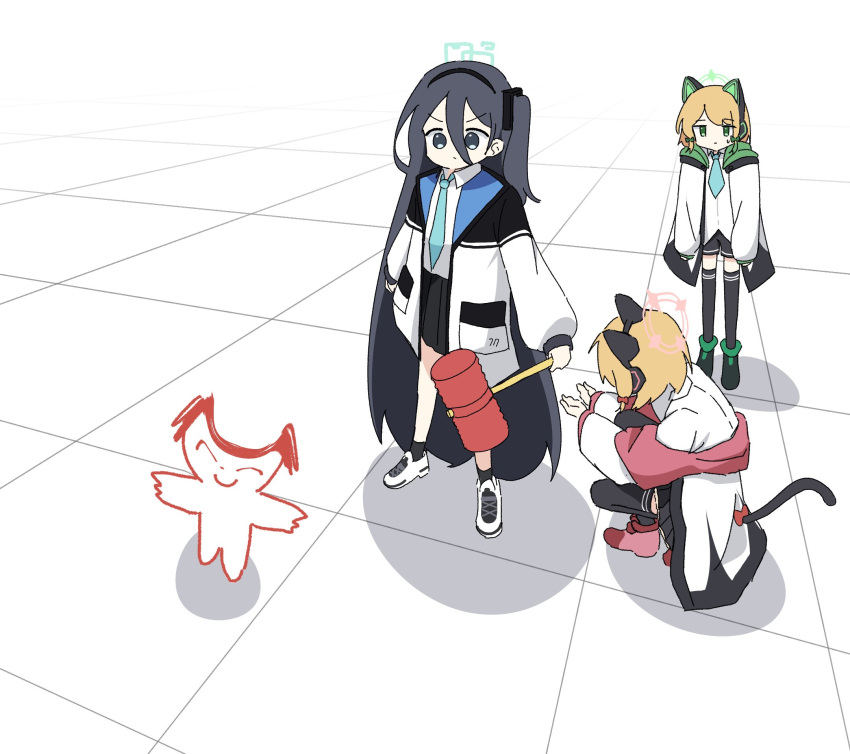 1boy, 3girls, animal_ear_headphones, animal_ears, aris_(blue_archive), black_hair, black_skirt, black_thighhighs
